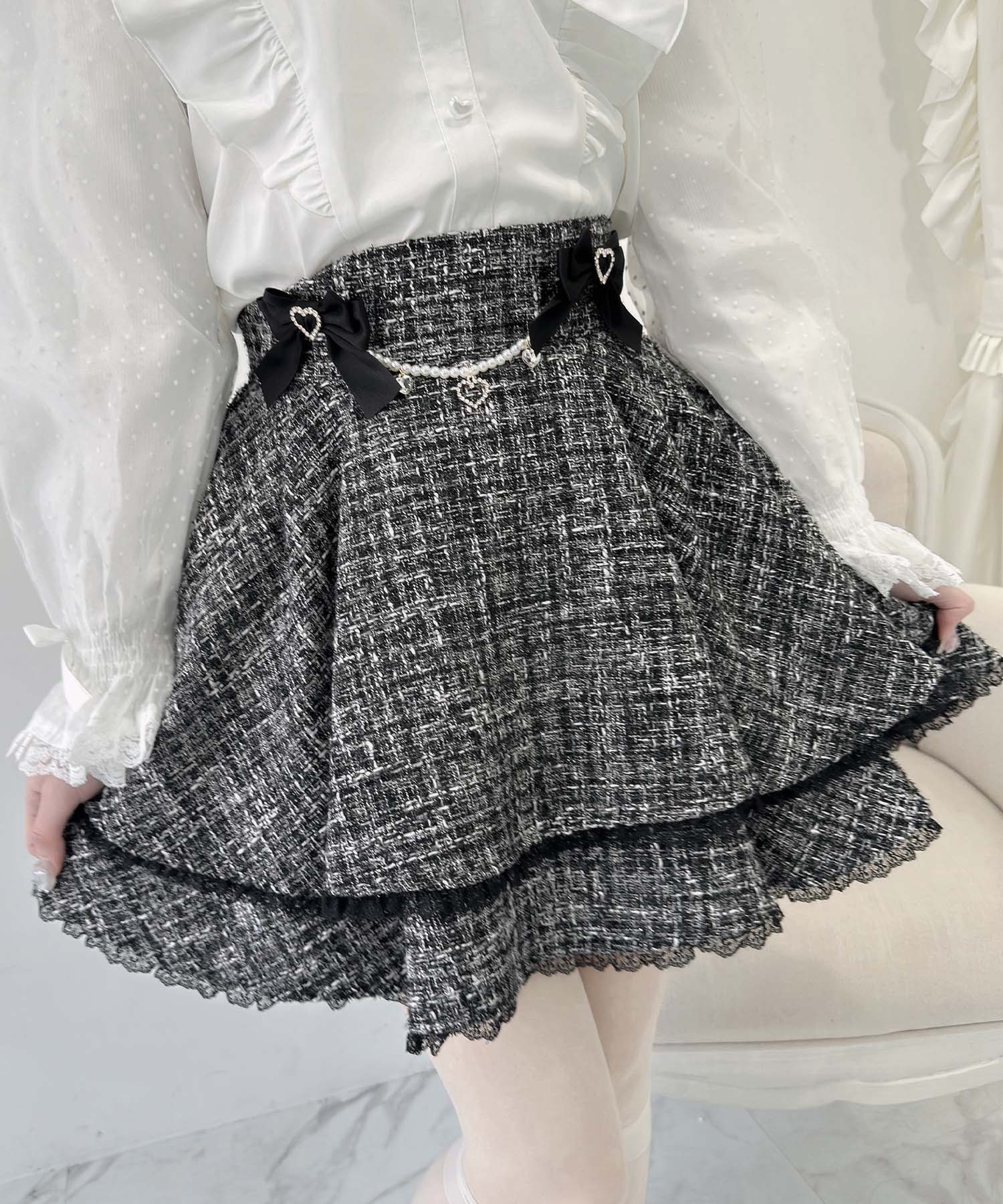 ROJITA ROJITA Double Flare Skirt with Brooch Chain