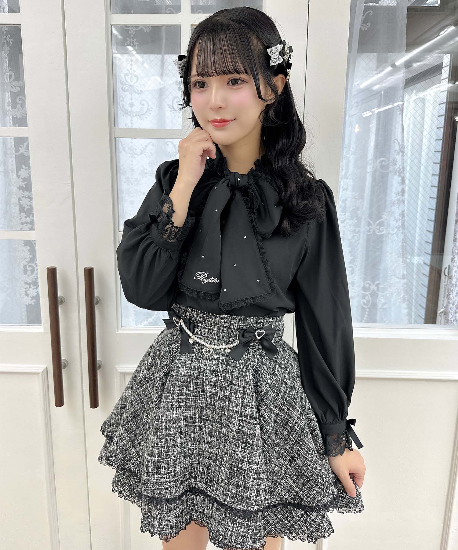 ROJITA ROJITA 蝴蝶結心形水晶裝飾襯衫