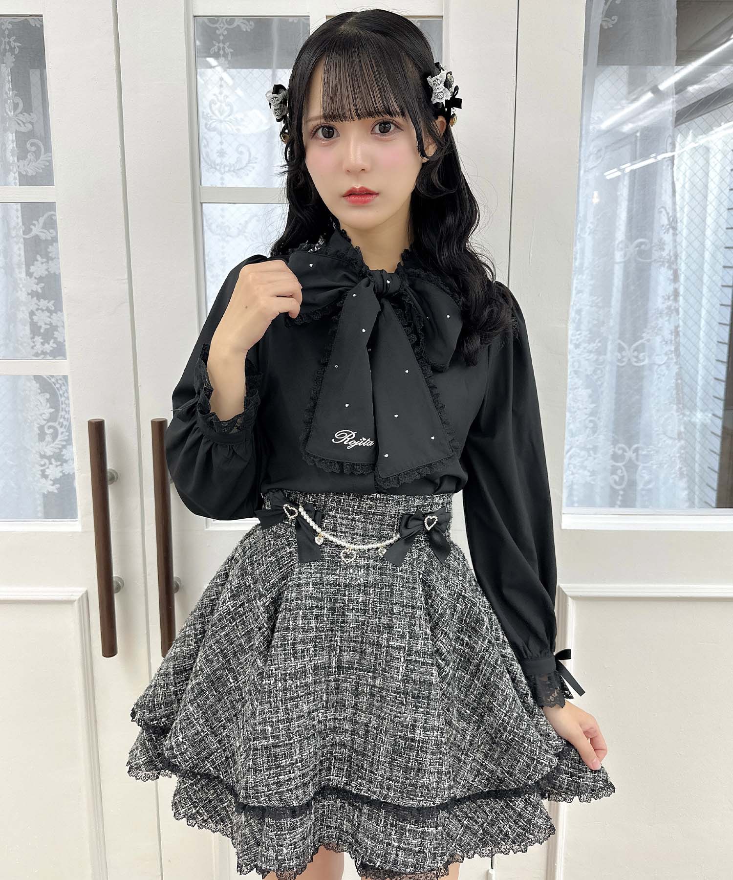 ROJITA ROJITA 蝴蝶結心形水晶裝飾襯衫