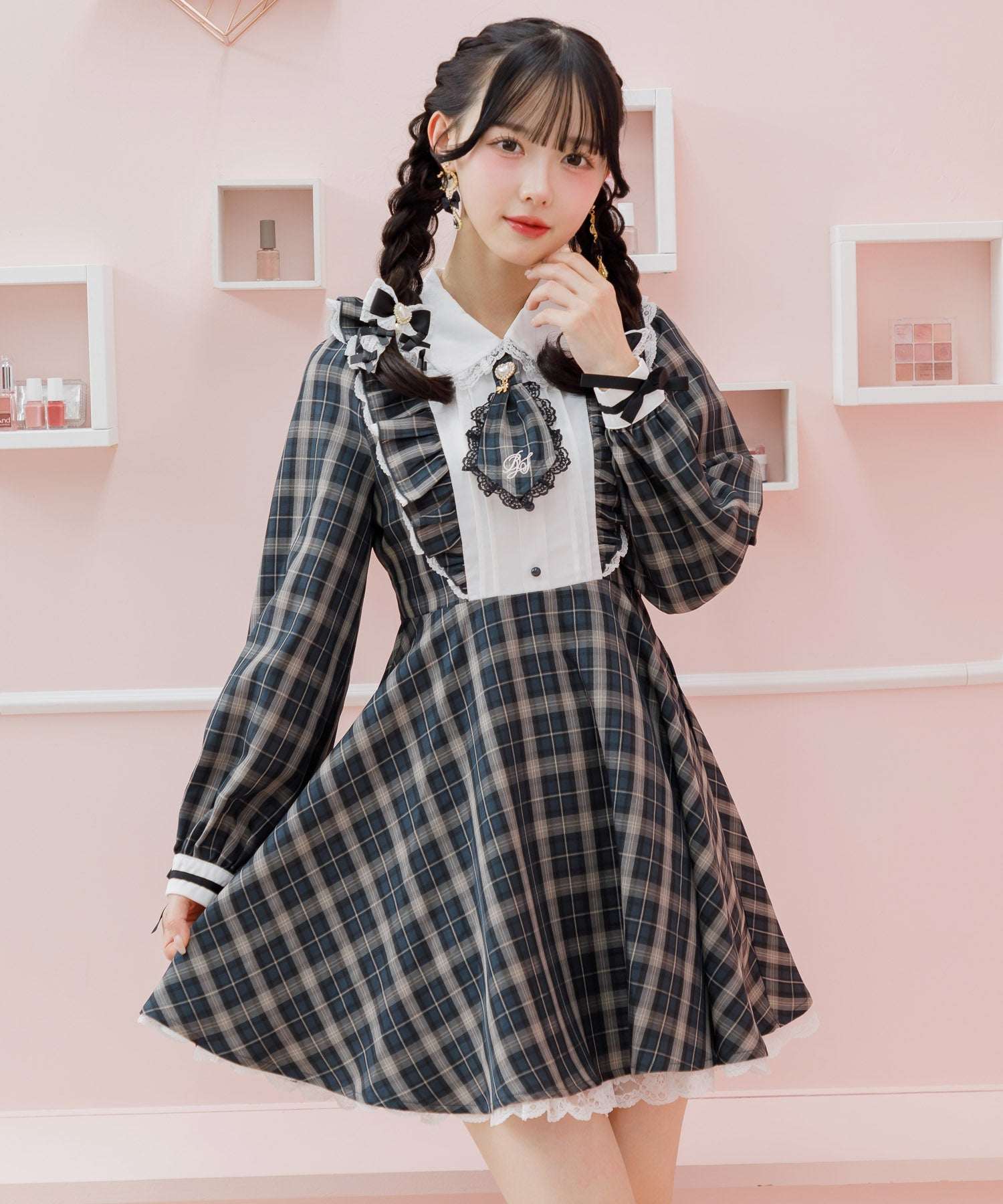 ロジータ ROJITA ロゴ入りネクタイ付きスリーブデザインワンピース （チェック） チェック