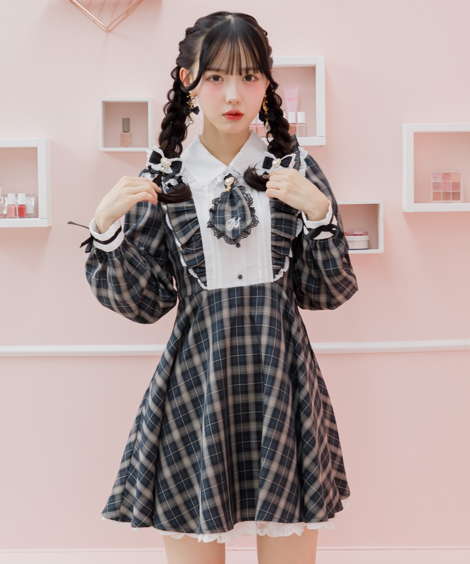 ロジータ ROJITA ロゴ入りネクタイ付きスリーブデザインワンピース （チェック） チェック