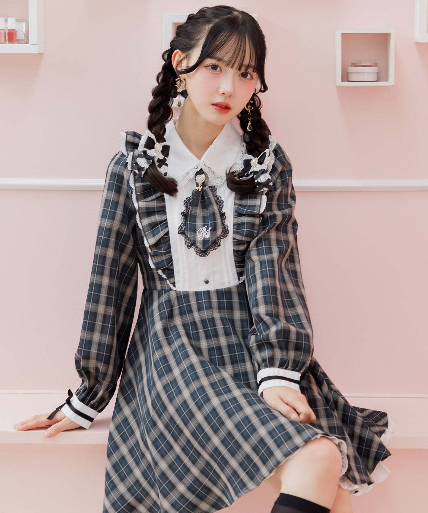 ロジータ ROJITA ロゴ入りネクタイ付きスリーブデザインワンピース （チェック） チェック