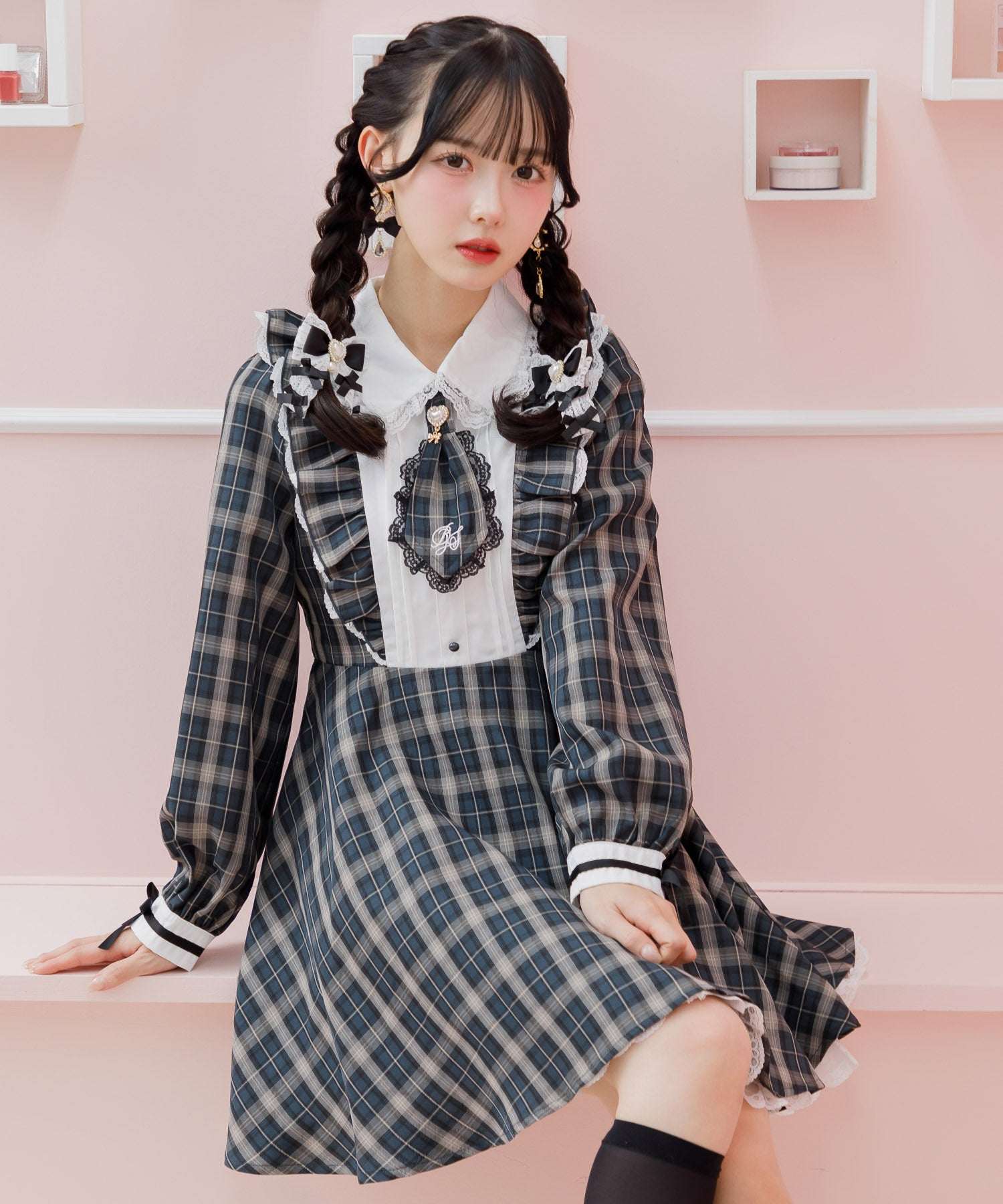 ロジータ ROJITA ロゴ入りネクタイ付きスリーブデザインワンピース （チェック） チェック