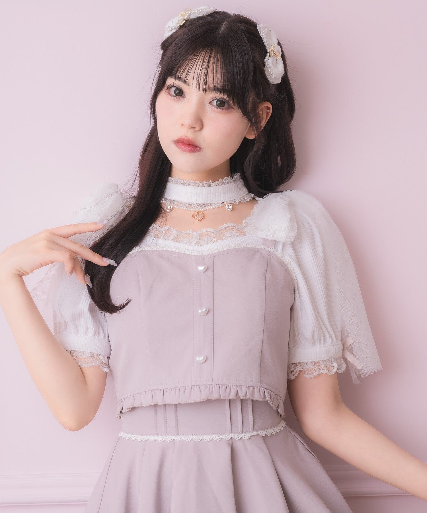 ロジータ ROJITA チュールリボンビスチェ×デコルテ開きトップスセット （ピンク） ピンク