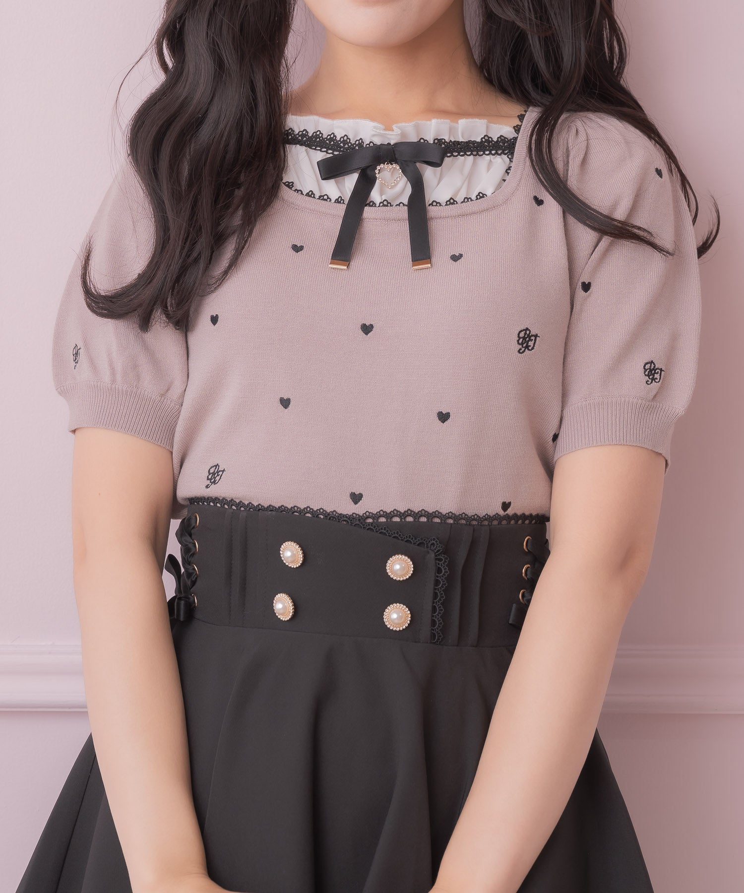 ロジータ ROJITA ハート刺繍レイヤード風ニットトップス （ピンク） ピンク