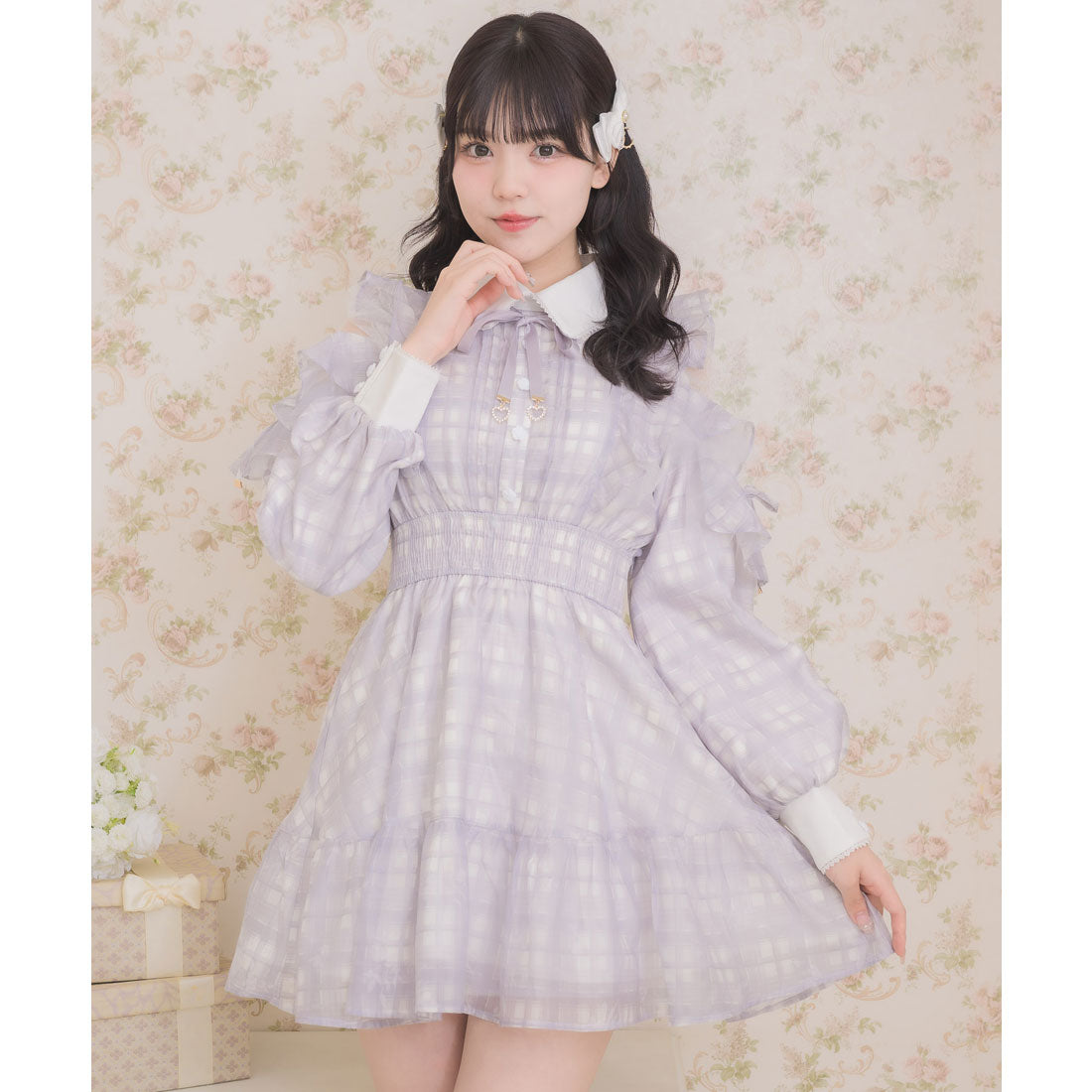 ロジータ ROJITA 花柄チェックミニワンピース （グレー） グレー