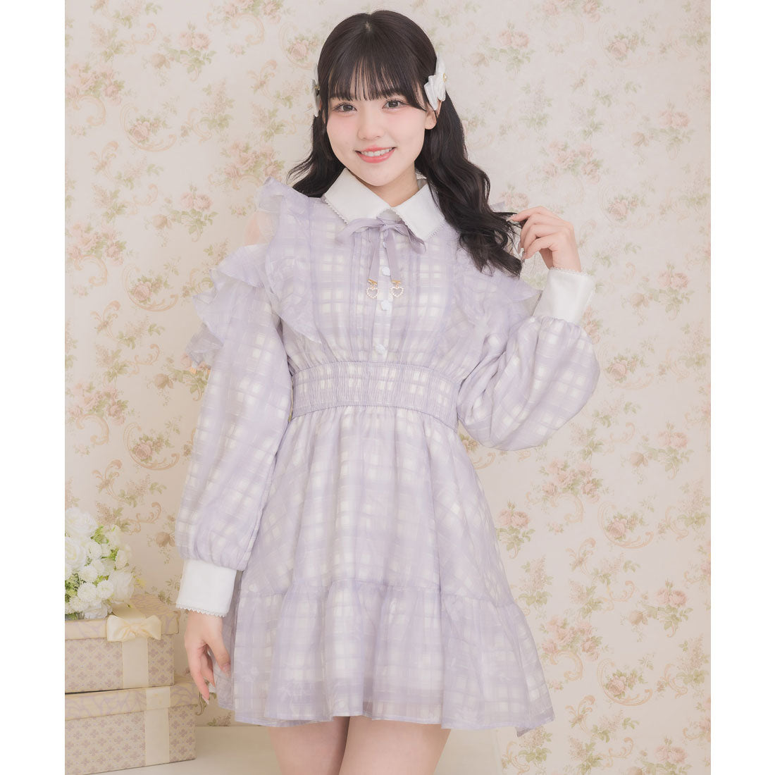 ロジータ ROJITA 花柄チェックミニワンピース （グレー） グレー