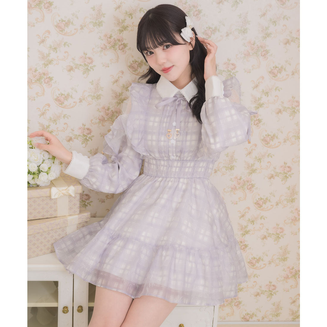 ロジータ ROJITA 花柄チェックミニワンピース （グレー） グレー