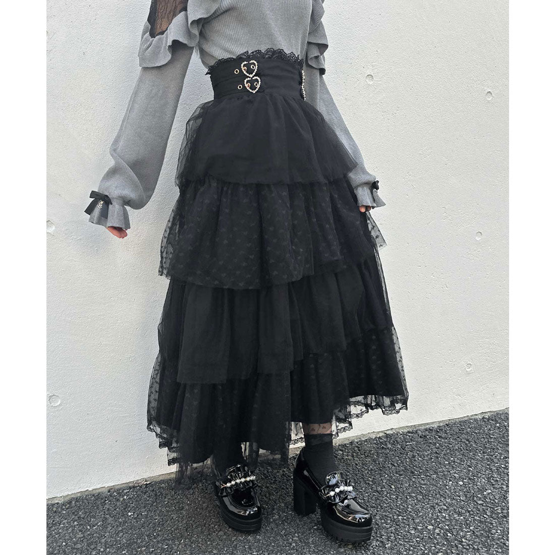 ロジータ ROJITA ハートチュールティアードロングスカート （ブラック） ブラック
