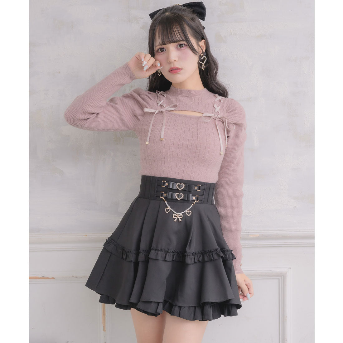 ロジータ ROJITA レースアップデコルテ開きケーブルニットトップス （ピンク） ピンク