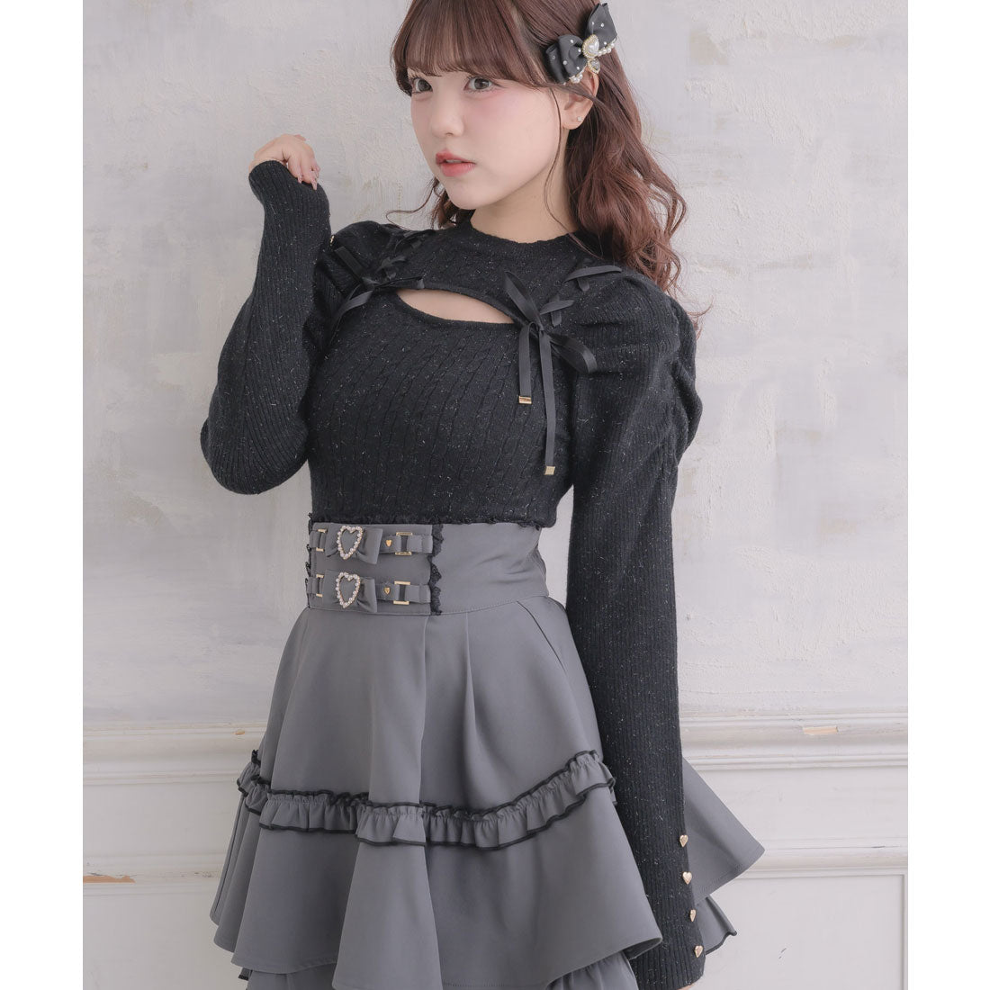 ロジータ ROJITA レースアップデコルテ開きケーブルニットトップス （ピンク） ピンク