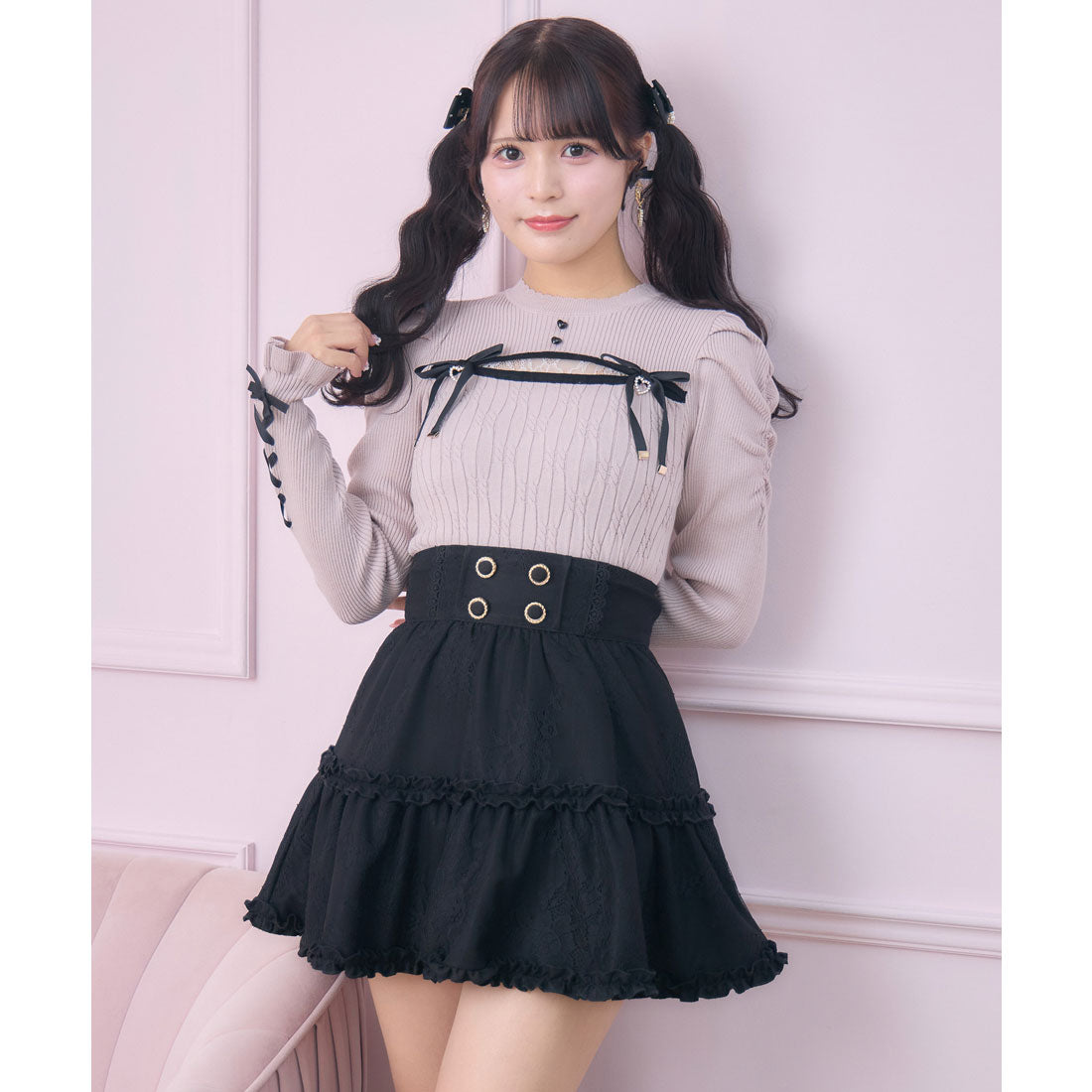 ロジータ ROJITA デコルテ開き配色リボンニット （ピンク） ピンク