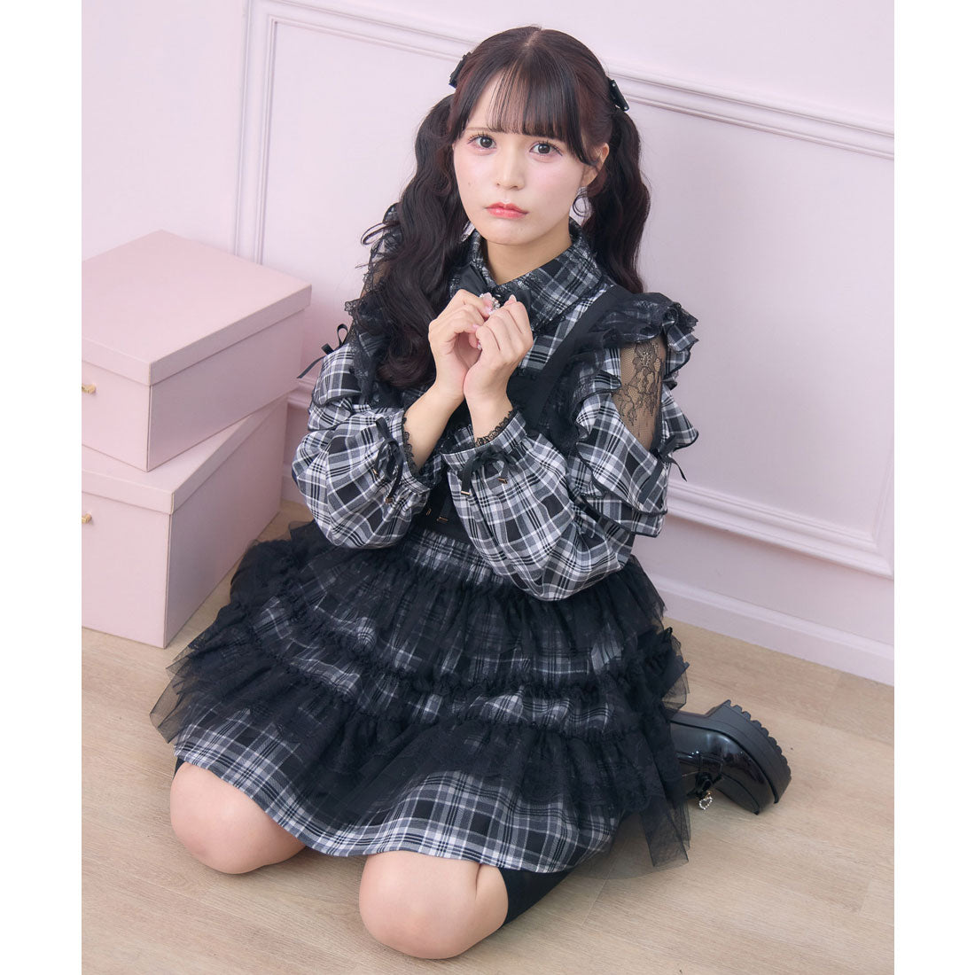 ロジータ ROJITA チュールエプロン付きメイドワンピース （チェック） チェック