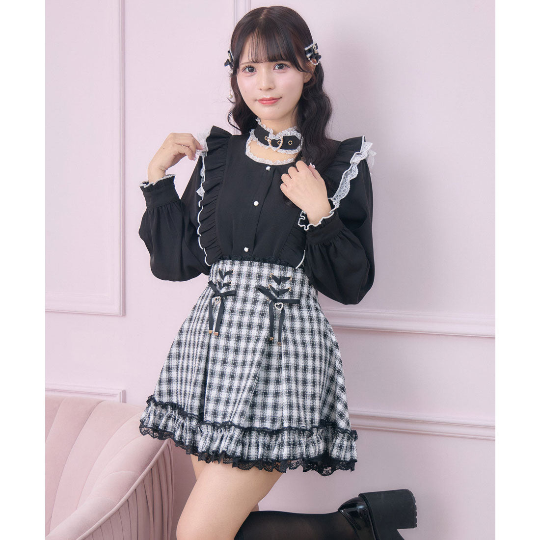 ロジータ ROJITA レースアップ裾フリルスカパン （チェック） チェック