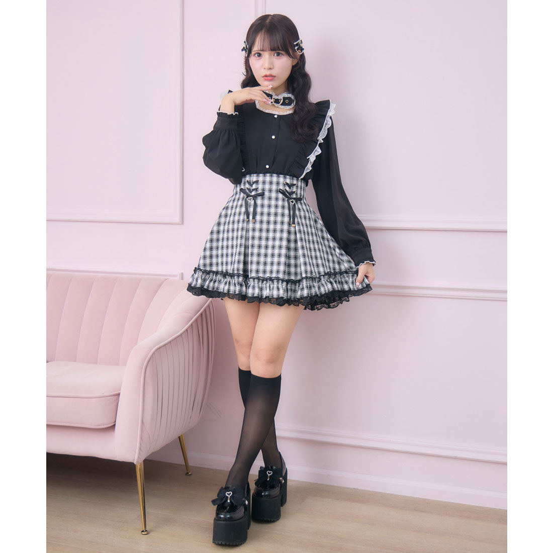 ロジータ ROJITA レースアップ裾フリルスカパン （チェック） チェック