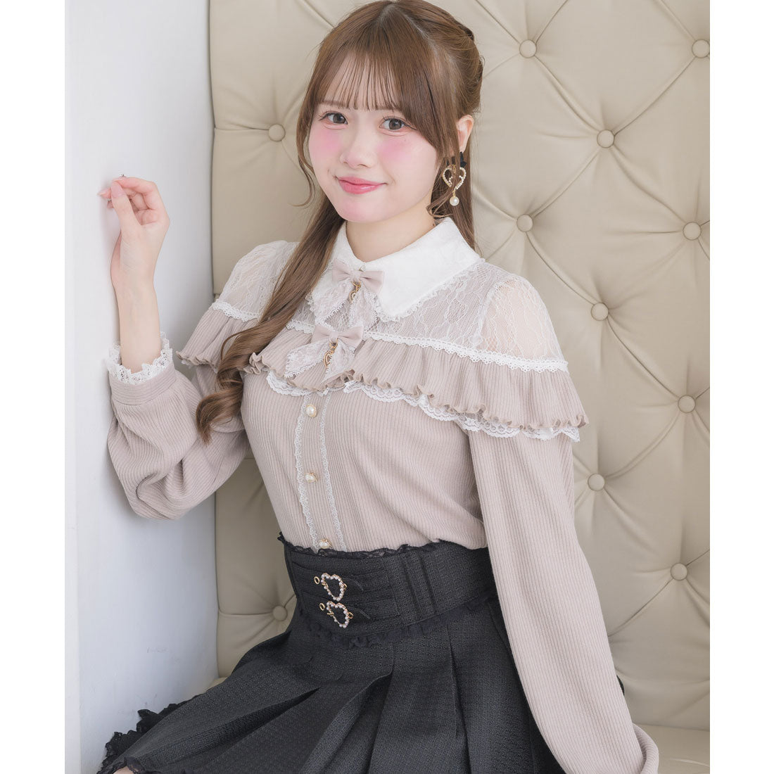 ロジータ ROJITA ダブルリボンレース切替カットトップス （ピンクベージュ） ピンクベージュ