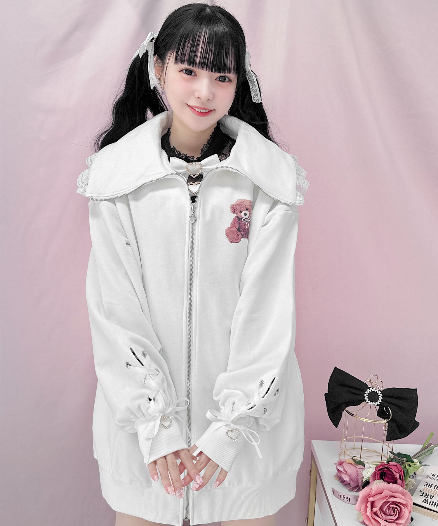 ロジータ ROJITA くまプリントスウェットZIPワンピース,ホワイト