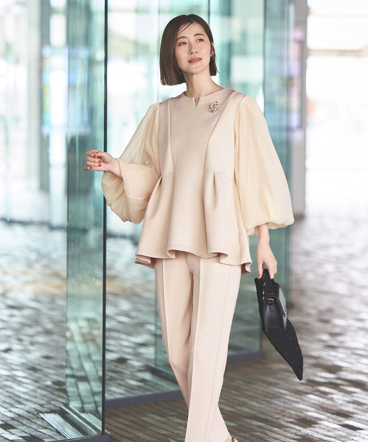 ルイルエブティック RUIRUE BOUTIQUE シアースリーブトップス＆ピンタックパンツダンボールニットセットアップ