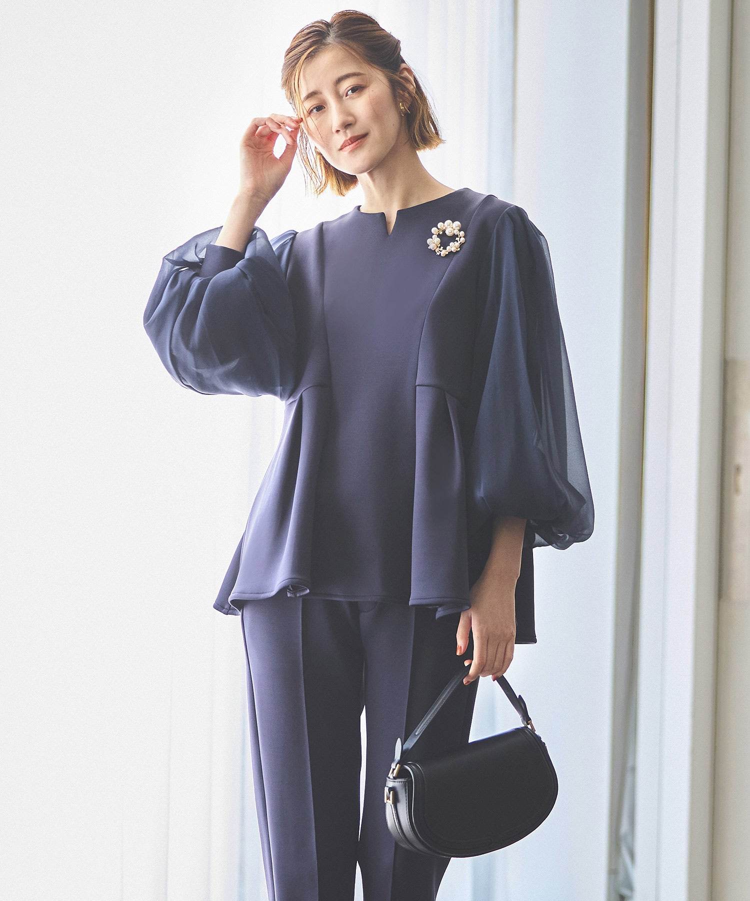 ルイルエブティック RUIRUE BOUTIQUE シアースリーブトップス＆ピンタックパンツダンボールニットセットアップ,ネイビー