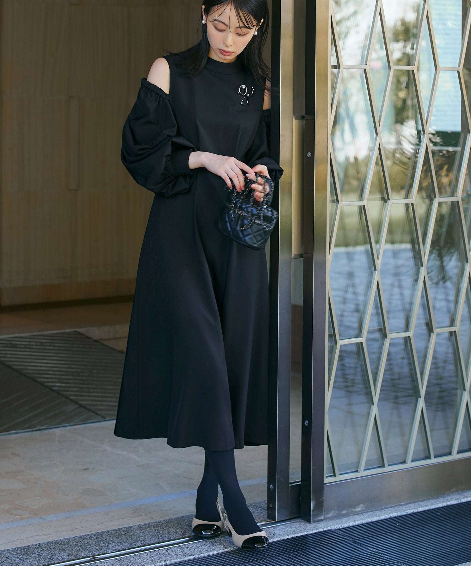 ルイルエブティック RUIRUE BOUTIQUE 2way袖配色オープンショルダーフレアワンピース