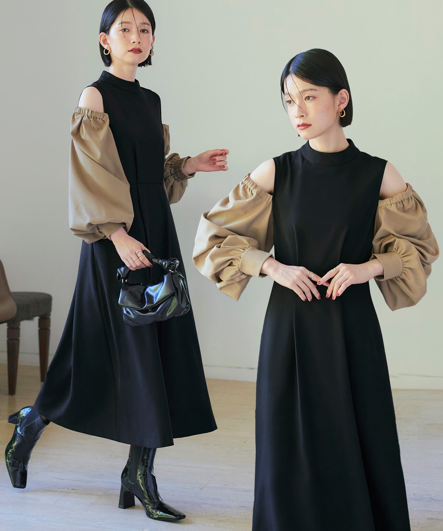 ルイルエブティック RUIRUE BOUTIQUE 2way袖配色オープンショルダーフレアワンピース,ブラック×カーキベージュ