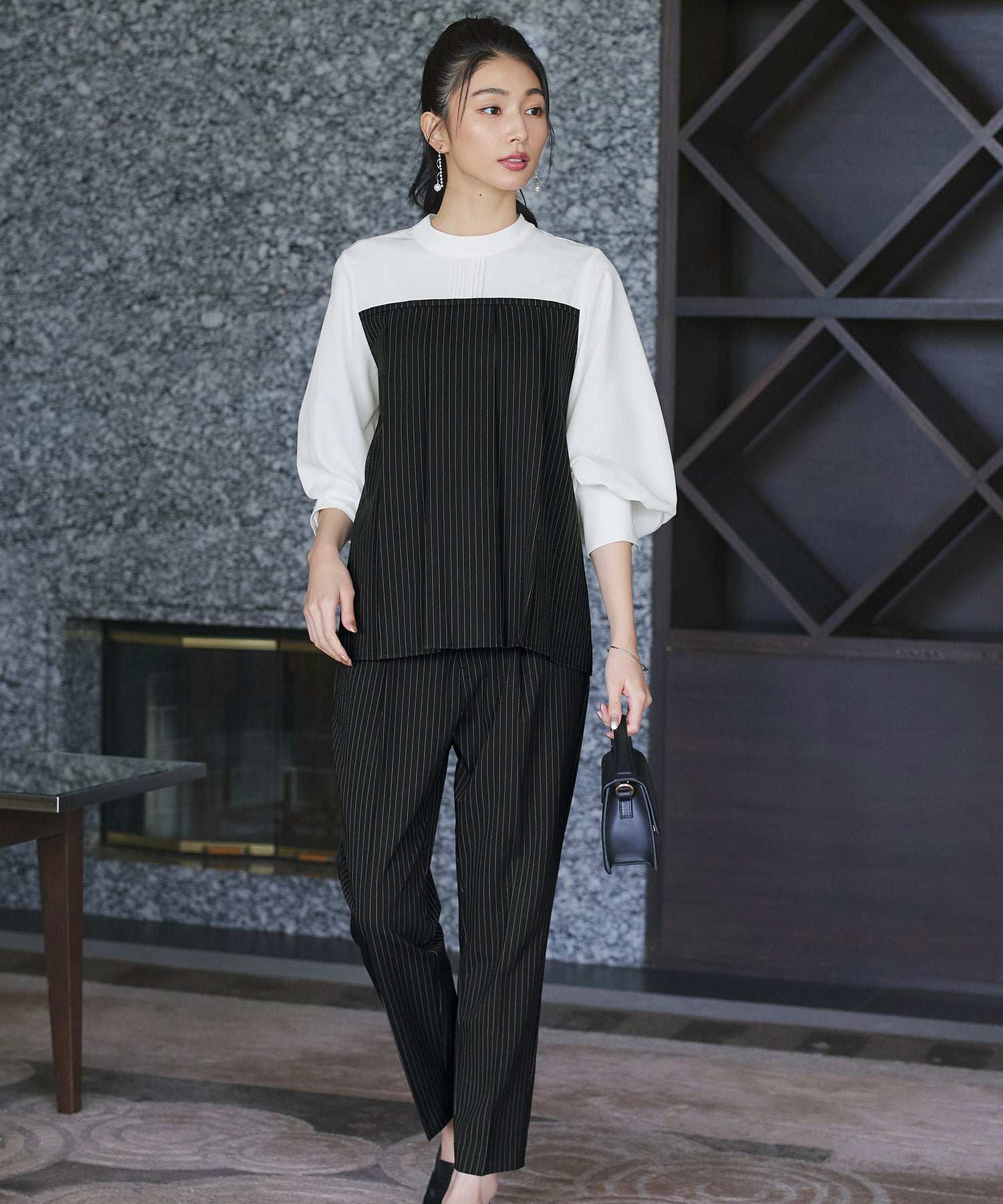 ルイルエブティック RUIRUE BOUTIQUE ドッキングストライプトップス＆テーパードパンツ,ブラック×ホワイト