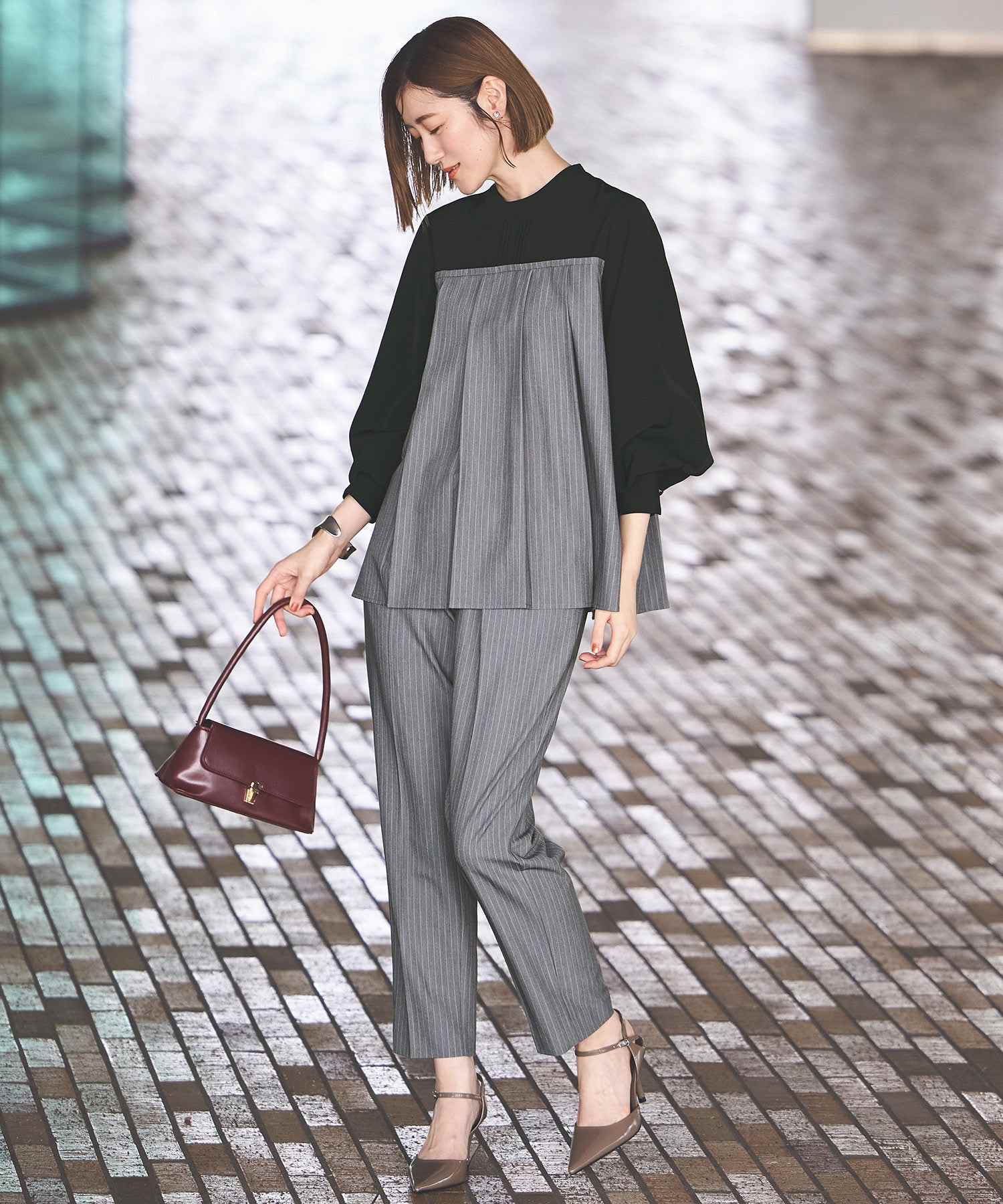 ルイルエブティック RUIRUE BOUTIQUE ドッキングストライプトップス＆テーパードパンツ,グレー×ブラック