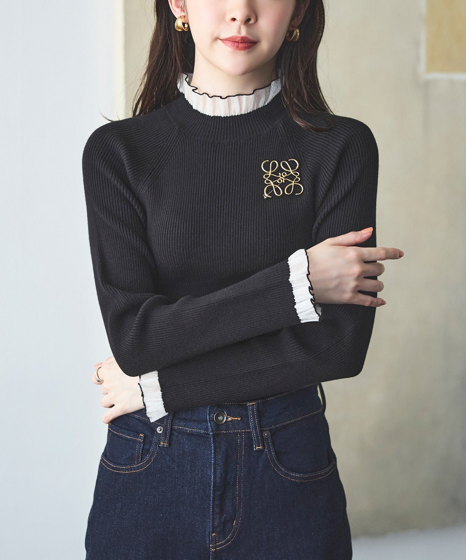 ルイルエブティック RUIRUE BOUTIQUE 洗える ｜ シアー フリル ラグラン ニット ｜ 長袖 リブニット トップス 体型カバー 袖フリル オフィスカジュアル 通勤服 ニットトップス プルオーバー セーター （ブラック×ホワイト） ブラック×ホワイト