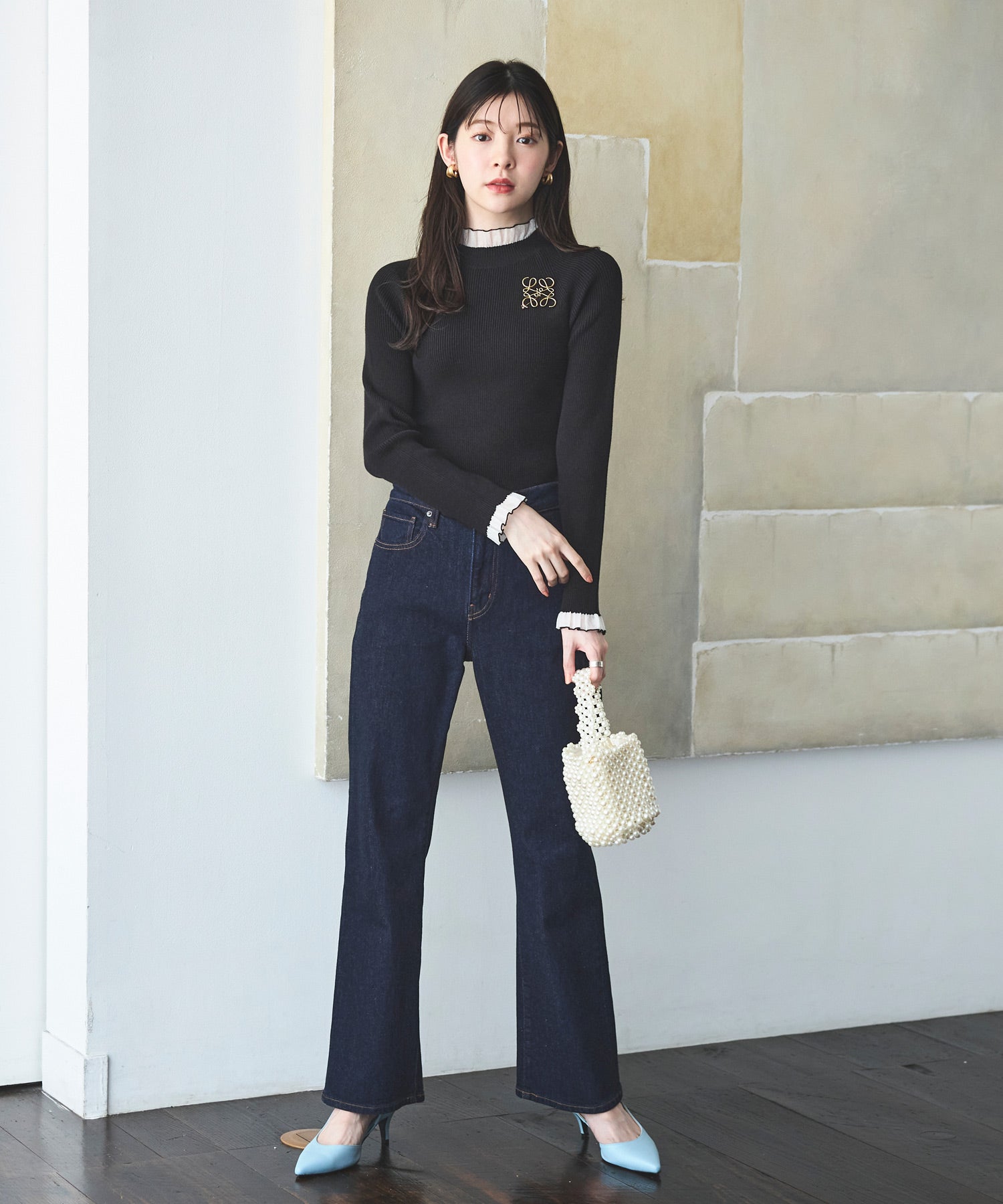 ルイルエブティック RUIRUE BOUTIQUE 洗える ｜ シアー フリル ラグラン ニット ｜ 長袖 リブニット トップス 体型カバー 袖フリル オフィスカジュアル 通勤服 ニットトップス プルオーバー セーター （ブラック×ホワイト） ブラック×ホワイト