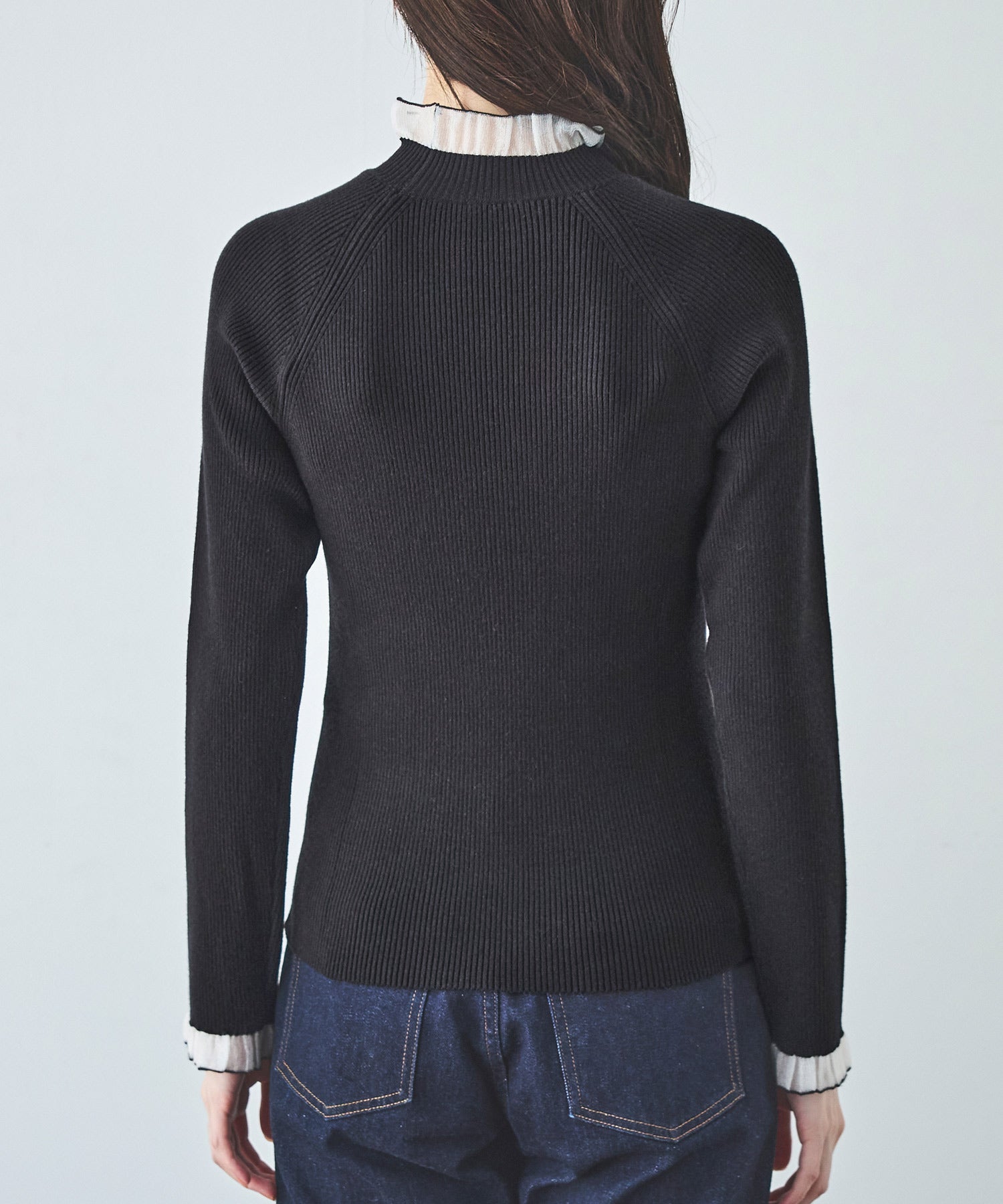 ルイルエブティック RUIRUE BOUTIQUE 洗える ｜ シアー フリル ラグラン ニット ｜ 長袖 リブニット トップス 体型カバー 袖フリル オフィスカジュアル 通勤服 ニットトップス プルオーバー セーター （ブラック×ホワイト） ブラック×ホワイト