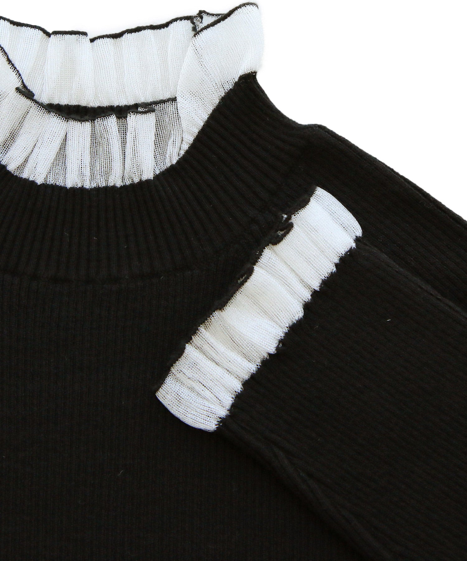 ルイルエブティック RUIRUE BOUTIQUE 洗える ｜ シアー フリル ラグラン ニット ｜ 長袖 リブニット トップス 体型カバー 袖フリル オフィスカジュアル 通勤服 ニットトップス プルオーバー セーター （ブラック×ホワイト） ブラック×ホワイト