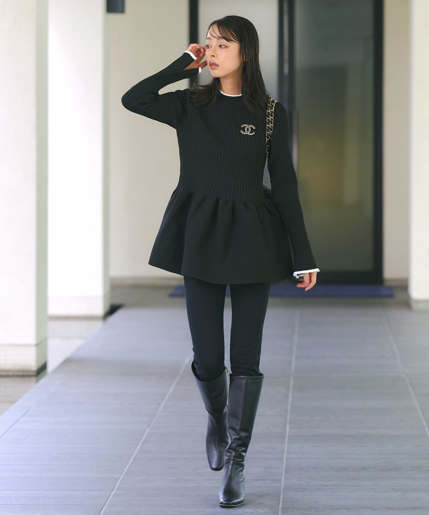 ルイルエブティック RUIRUE BOUTIQUE 洗える ｜ スポンディッシュ ボリューム ぺプラム ニット ｜ 長袖 リブニット トップス 体型カバー スリット袖 オフィスカジュアル 通勤服 ニットトップス セーター （ブラック×オフ） ブラック×オフ