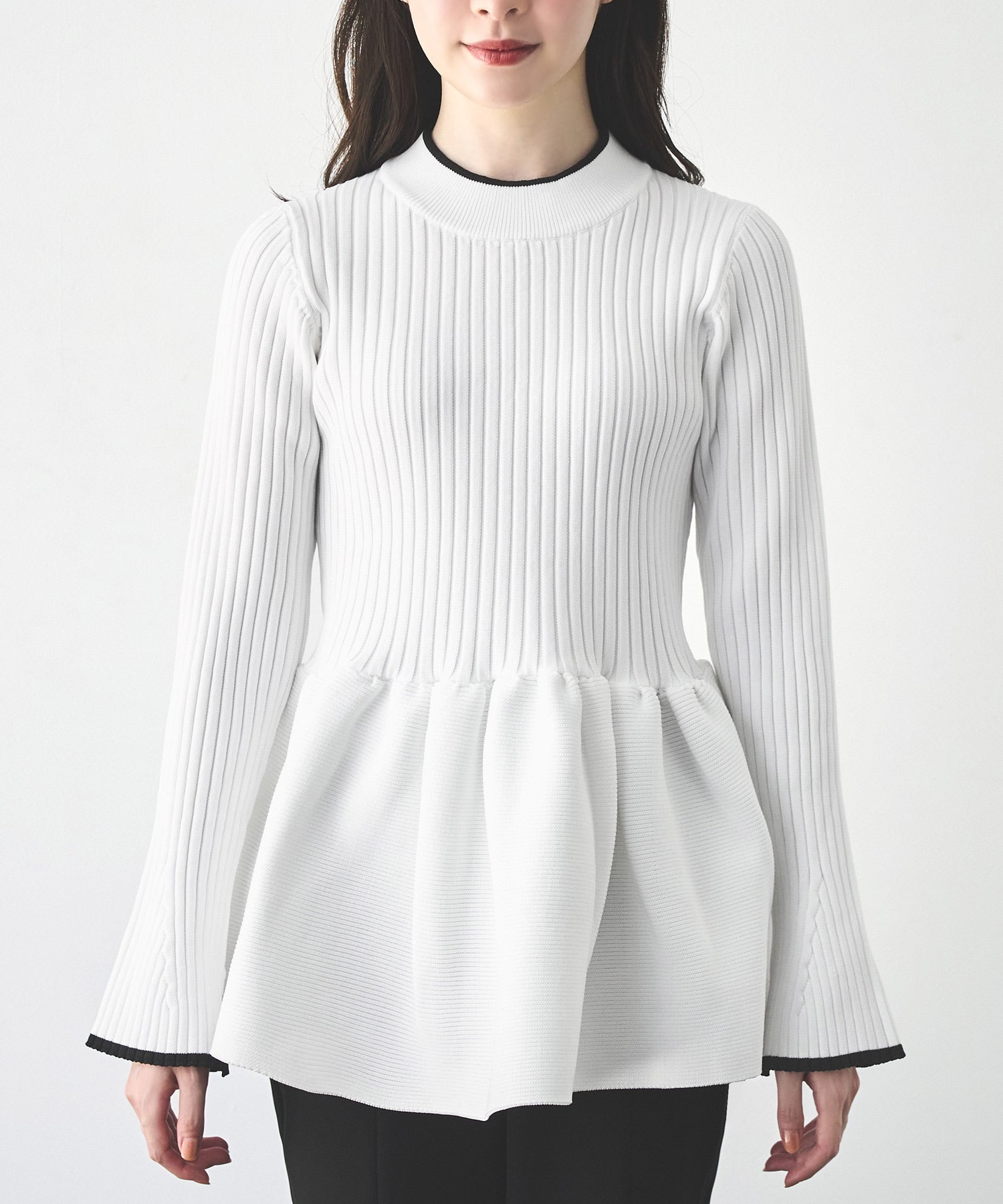 ルイルエブティック RUIRUE BOUTIQUE 洗える ｜ スポンディッシュ ボリューム ぺプラム ニット ｜ 長袖 リブニット トップス 体型カバー スリット袖 オフィスカジュアル 通勤服 ニットトップス セーター （ブラック×オフ） ブラック×オフ