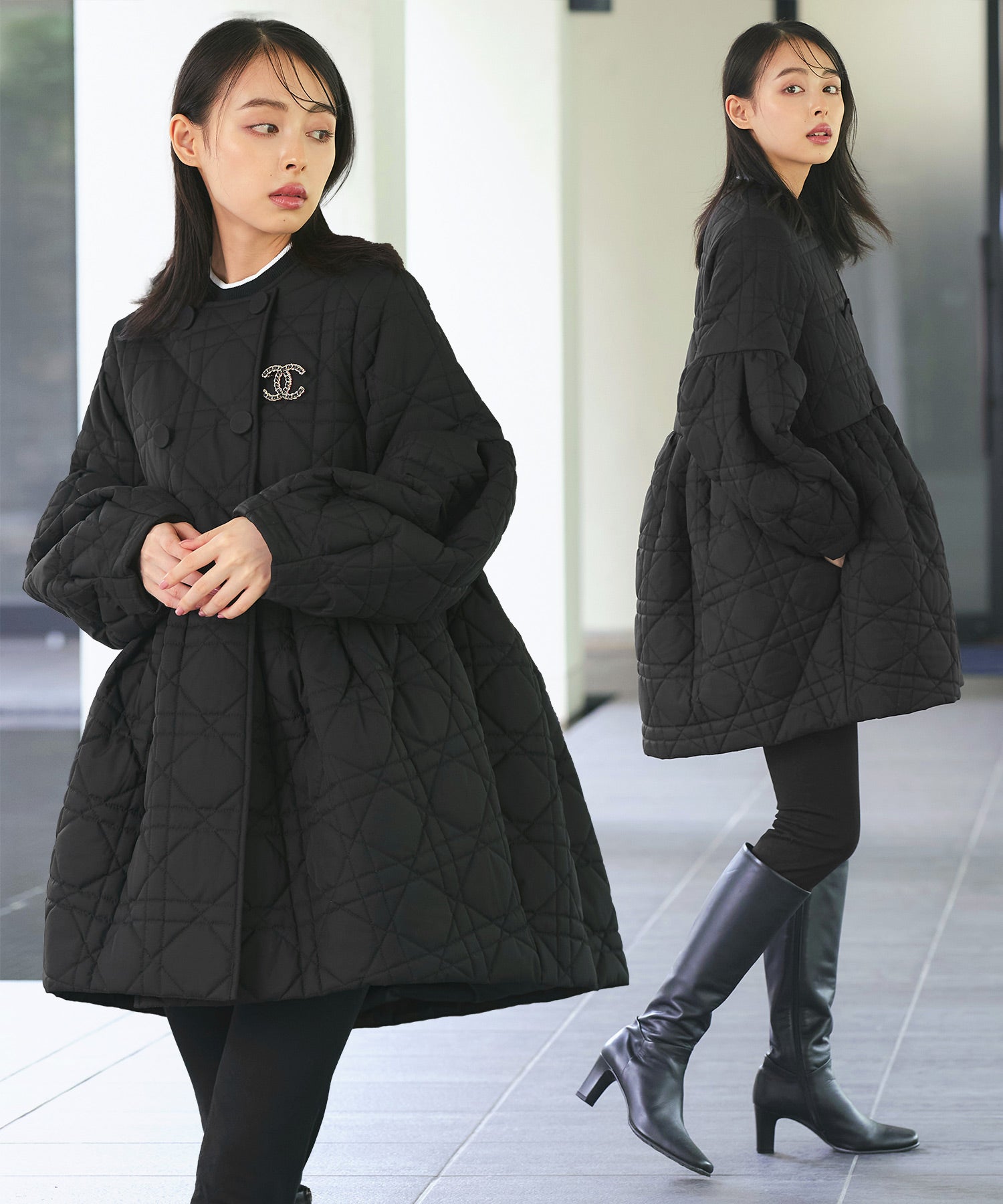 ルイルエブティック RUIRUE BOUTIQUE ミックスステッチ・ボリュームペプラム中綿コート （ブラック） ブラック