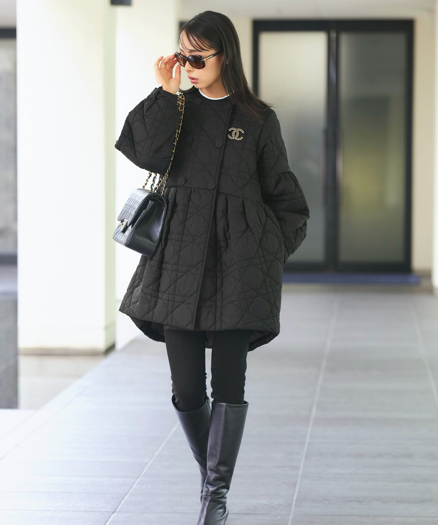 ルイルエブティック RUIRUE BOUTIQUE ミックスステッチ・ボリュームペプラム中綿コート （ブラック） ブラック