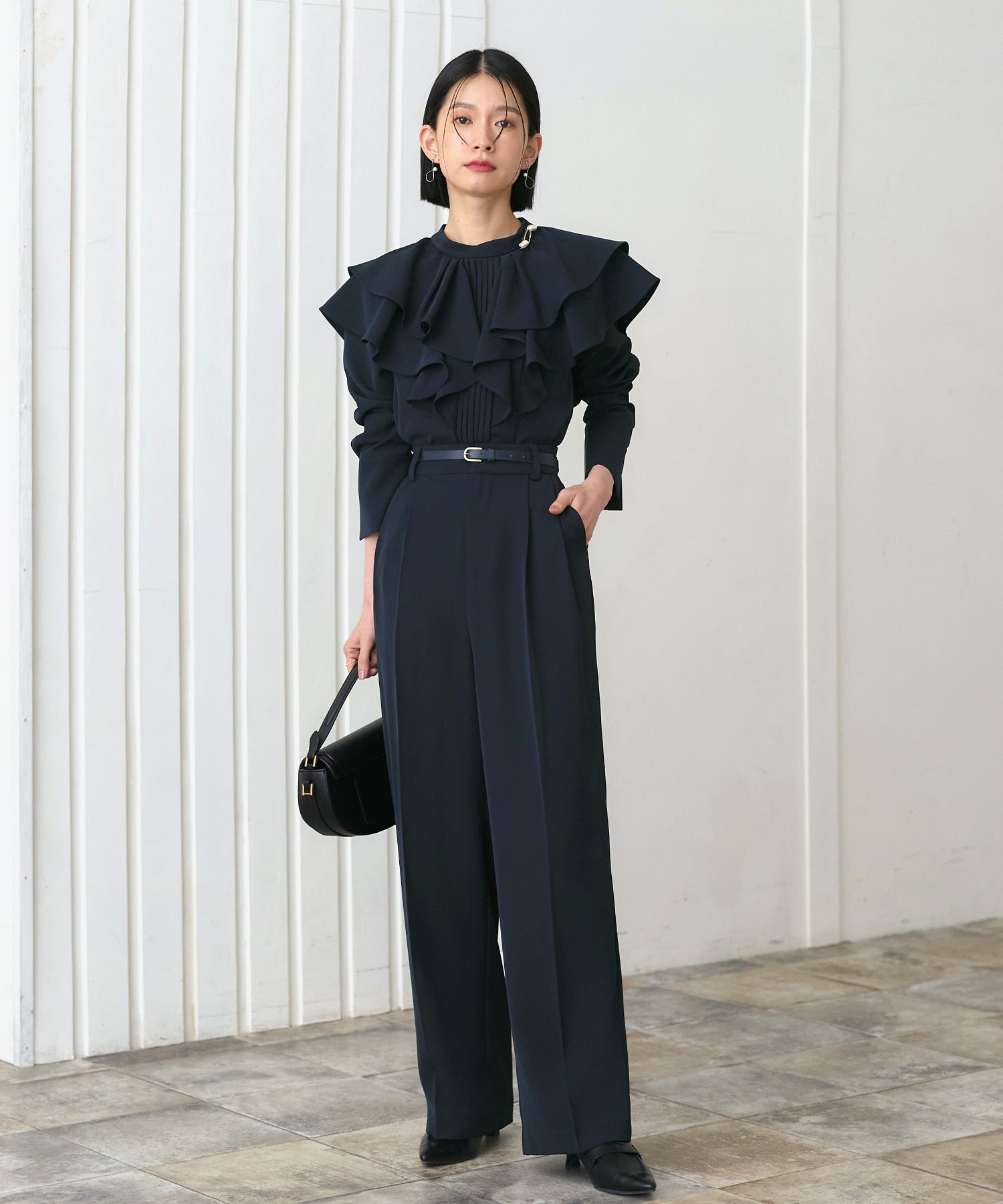 ルイルエブティック RUIRUE BOUTIQUE ダブルフリルカラートップス＆タックワイドパンツセットアップ （ネイビー） ネイビー