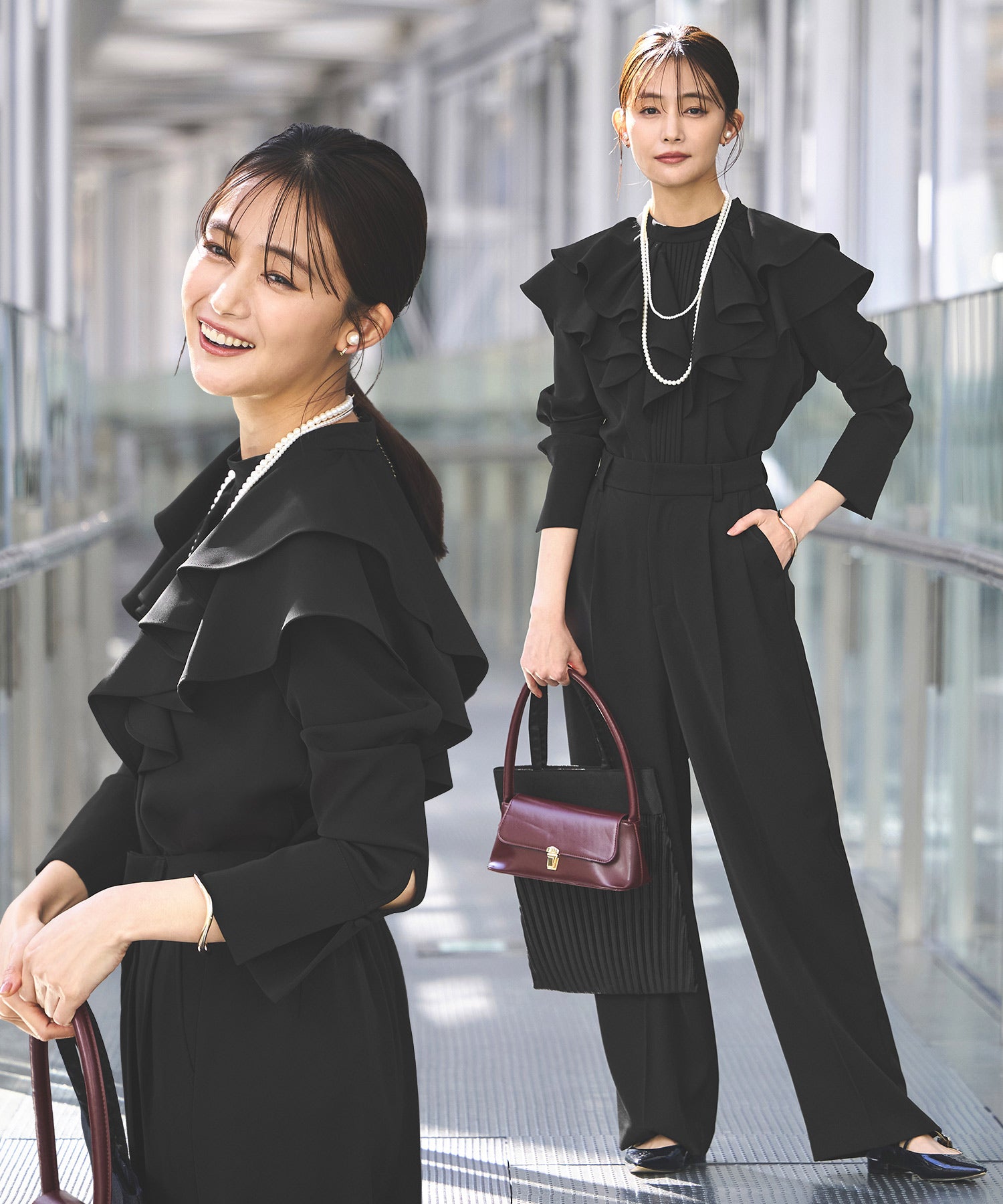 ルイルエブティック RUIRUE BOUTIQUE ダブルフリルカラートップス＆タックワイドパンツセットアップ （ブラック） ブラック