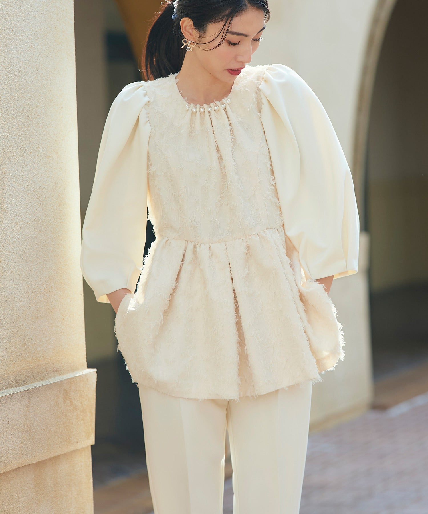 ルイルエブティック RUIRUE BOUTIQUE カットジャカードパールドッキングトップス＆パンツセットアップ （アイボリー） アイボリー