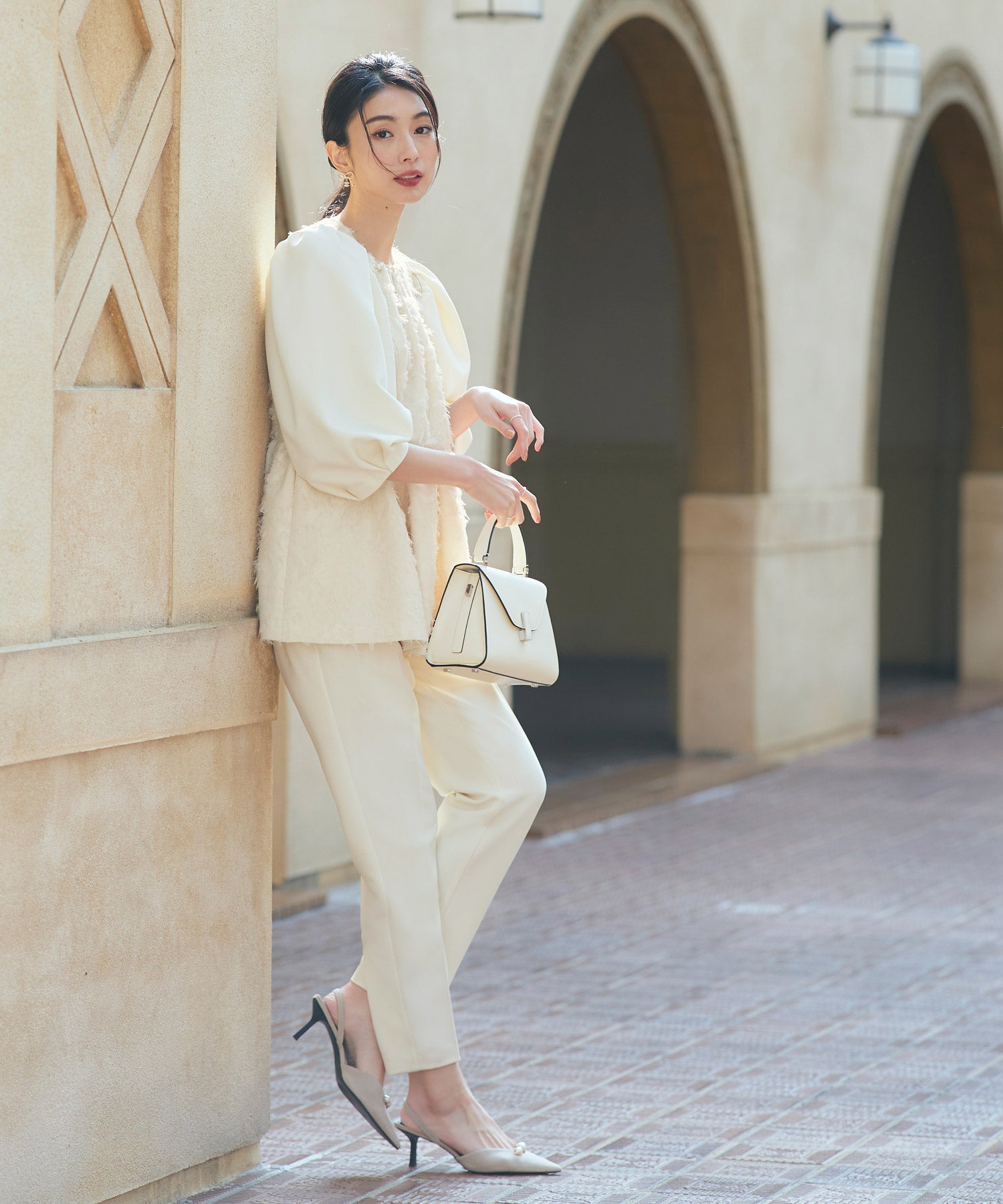 ルイルエブティック RUIRUE BOUTIQUE カットジャカードパールドッキングトップス＆パンツセットアップ （アイボリー） アイボリー