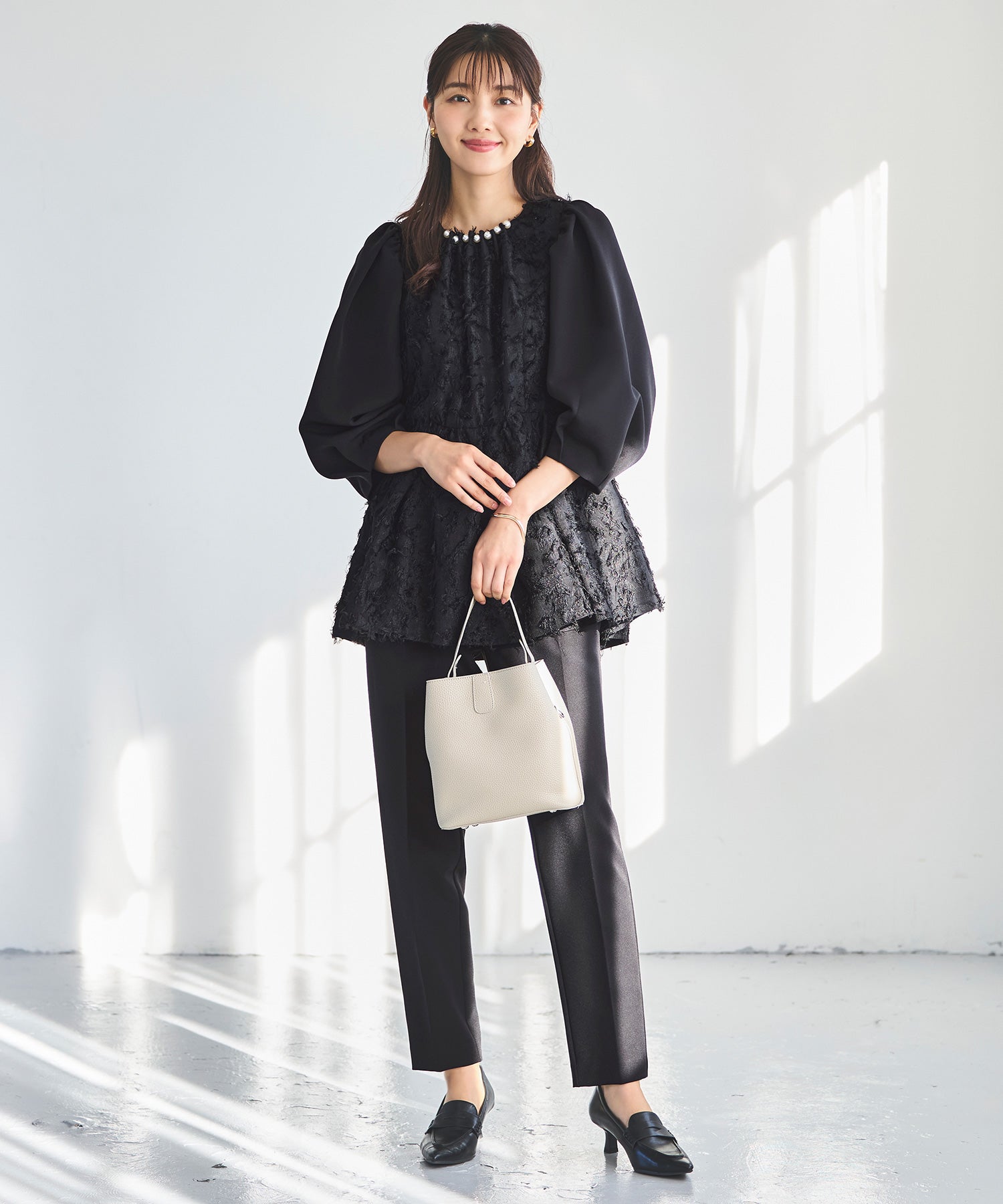 ルイルエブティック RUIRUE BOUTIQUE カットジャカードパールドッキングトップス＆パンツセットアップ （ブラック） ブラック