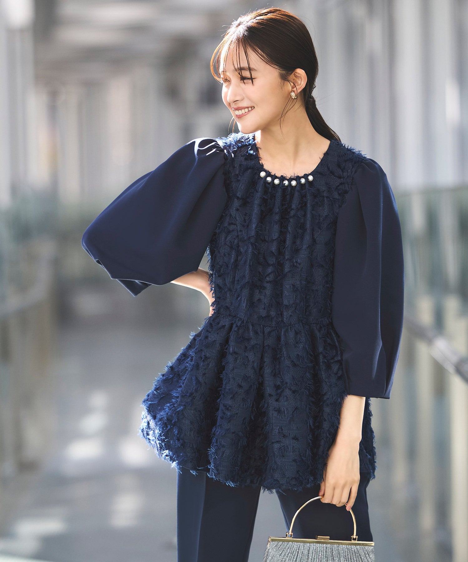 ルイルエブティック RUIRUE BOUTIQUE カットジャカードパールドッキングトップス＆パンツセットアップ （ネイビー） ネイビー