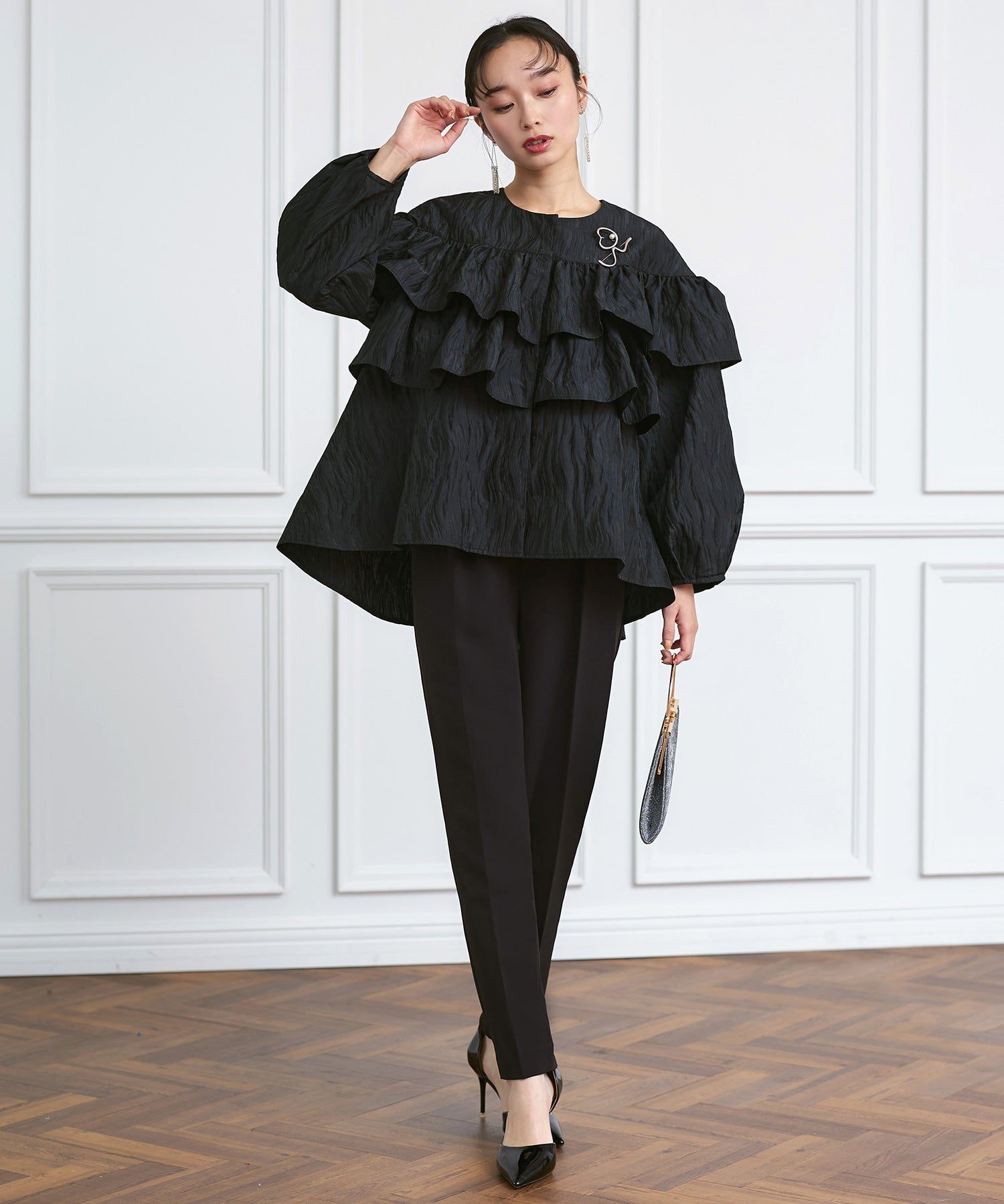 ルイルエブティック RUIRUE BOUTIQUE ダブルフリルジャカードジャケット＆テーパードパンツセット