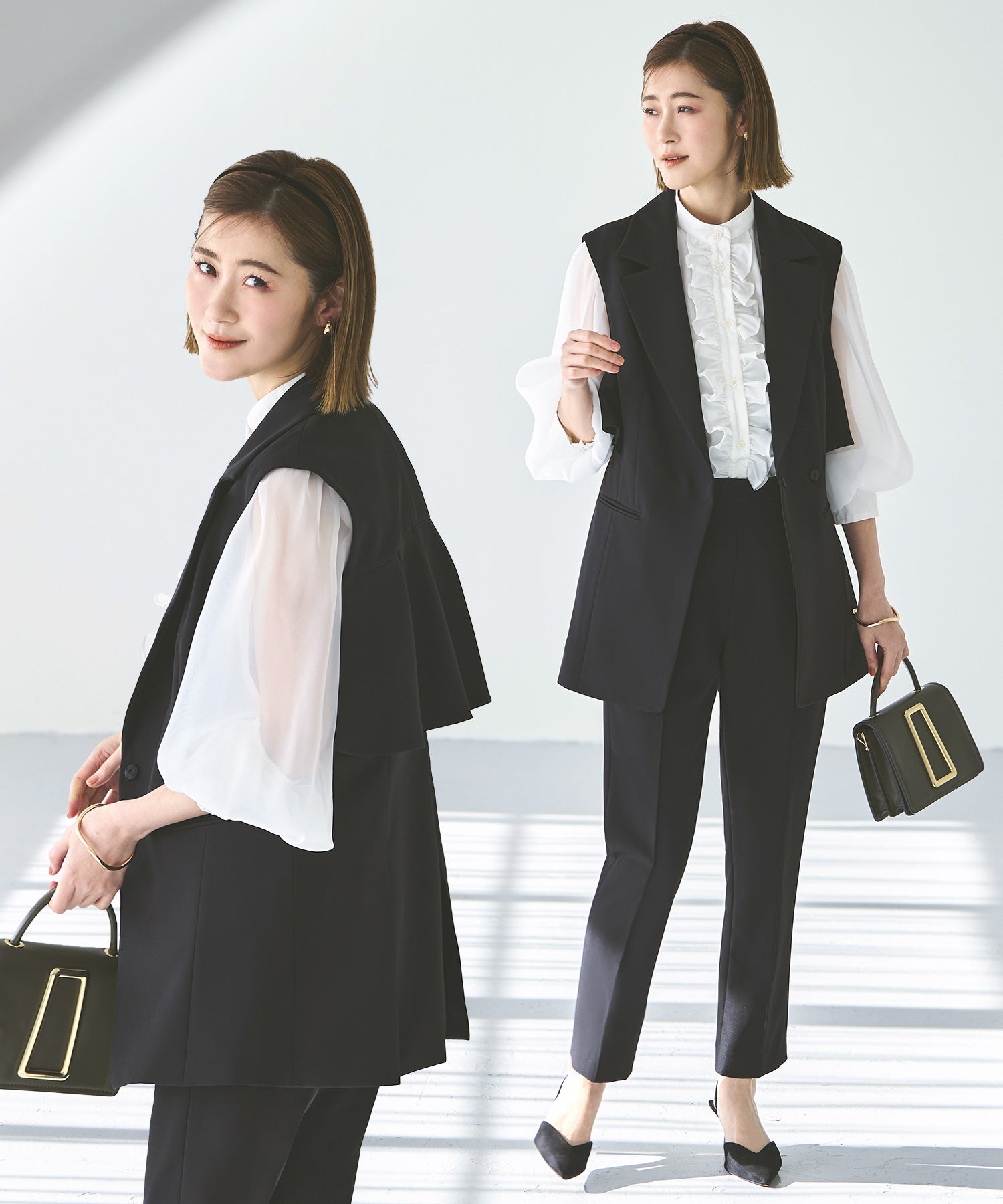 ルイルエブティック RUIRUE BOUTIQUE ストレッチ ｜ テーラード バックフリル ジレ ＆ スリムパンツ スーツ ｜ 入学式 卒業式 セレモニー フォーマル オフィスカジュアル 美脚 セットアップ ママスーツ （ブラック） ブラック