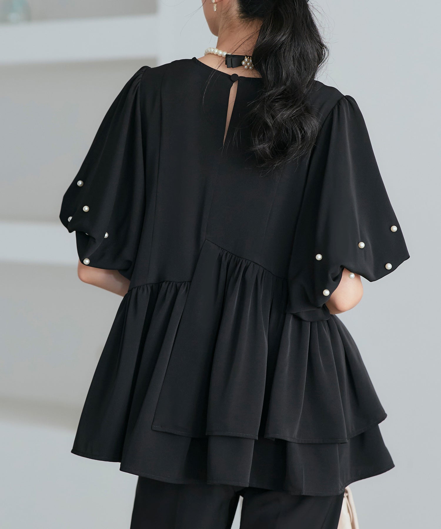 ルイルエブティック RUIRUE BOUTIQUE 洗える ストレッチ オケージョンドレス 結婚式 ｜ 選べるパンツ パール バルーントップス ＆ テーパードパンツ ｜ セレモニー 美脚 ママスーツ パンツドレス （テーパード/ブラック） テーパード/ブラック