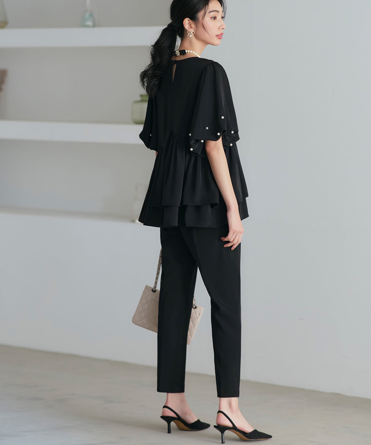 ルイルエブティック RUIRUE BOUTIQUE 洗える ストレッチ オケージョンドレス 結婚式 ｜ 選べるパンツ パール バルーントップス ＆ テーパードパンツ ｜ セレモニー 美脚 ママスーツ パンツドレス （テーパード/ブラック） テーパード/ブラック