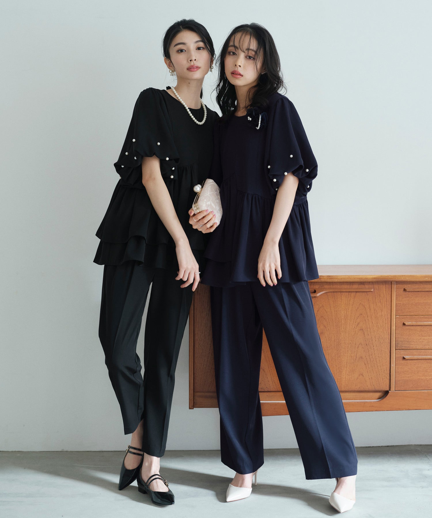 ルイルエブティック RUIRUE BOUTIQUE 洗える ストレッチ オケージョンドレス 結婚式 ｜ 選べるパンツ パール バルーントップス ＆ テーパードパンツ ｜ セレモニー 美脚 ママスーツ パンツドレス （テーパード/ブラック） テーパード/ブラック