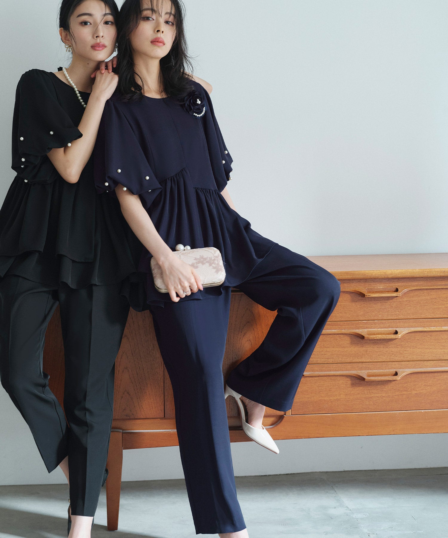 ルイルエブティック RUIRUE BOUTIQUE 洗える ストレッチ オケージョンドレス 結婚式 ｜ 選べるパンツ パール バルーントップス ＆ セミワイドパンツ ｜ セレモニー 美脚 ママスーツ パンツドレス （セミワイド/ネイビー） セミワイド/ネイビー