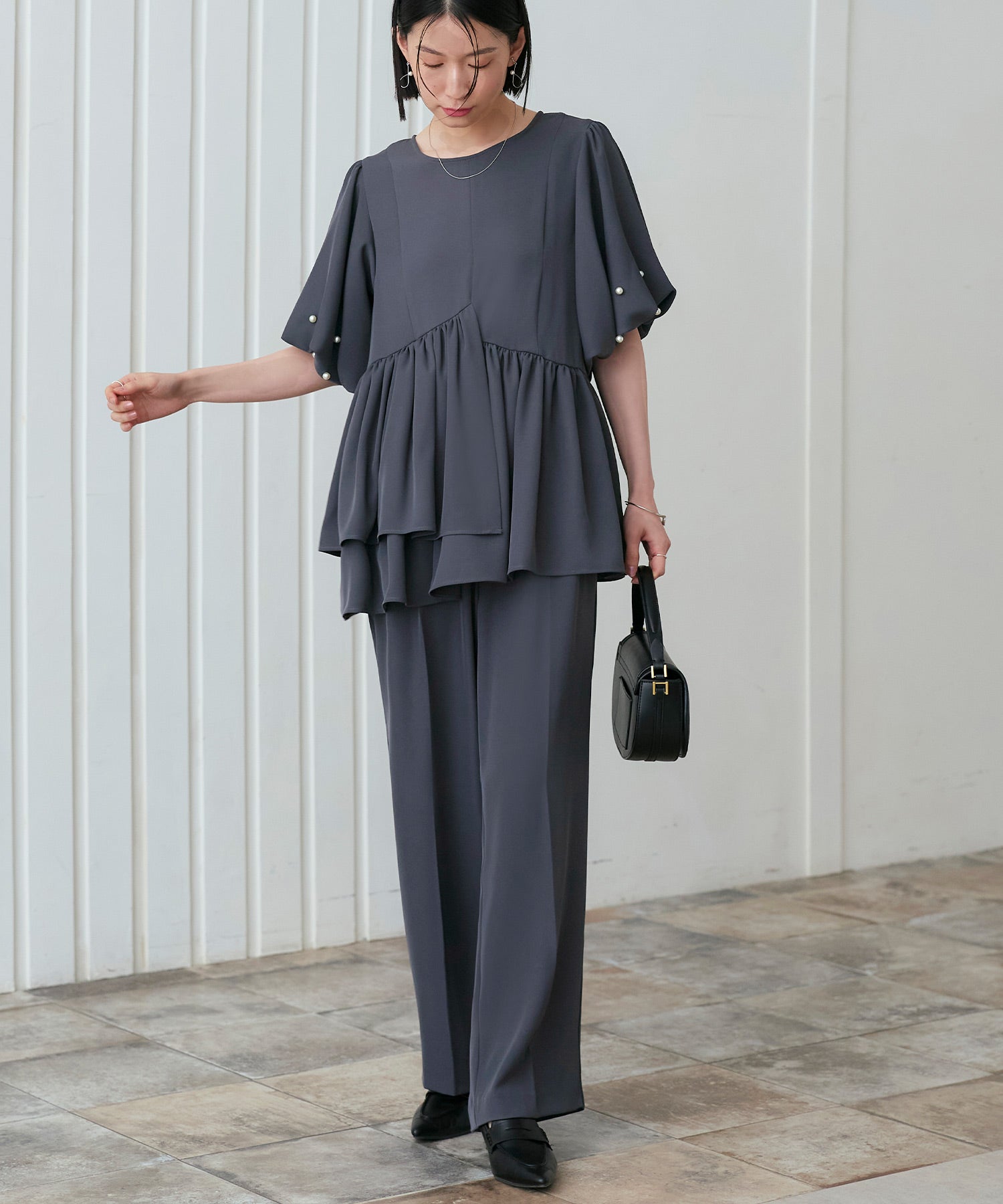 ルイルエブティック RUIRUE BOUTIQUE 洗える ストレッチ オケージョンドレス 結婚式 ｜ 選べるパンツ パール バルーントップス ＆ セミワイドパンツ ｜ セレモニー 美脚 ママスーツ パンツドレス （セミワイド/チャコール） セミワイド/チャコール