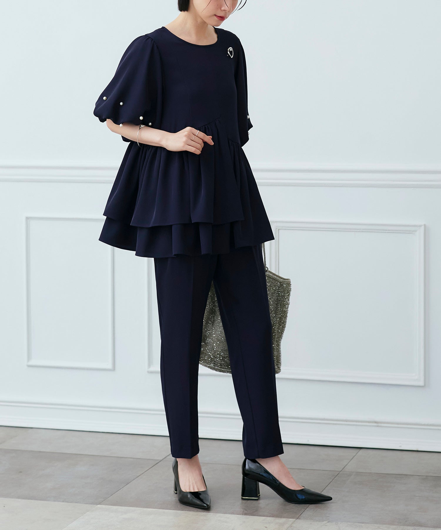 ルイルエブティック RUIRUE BOUTIQUE 洗える ストレッチ オケージョンドレス 結婚式 ｜ 選べるパンツ パール バルーントップス ＆ テーパードパンツ ｜ セレモニー 美脚 ママスーツ パンツドレス （テーパード/ネイビー） テーパード/ネイビー