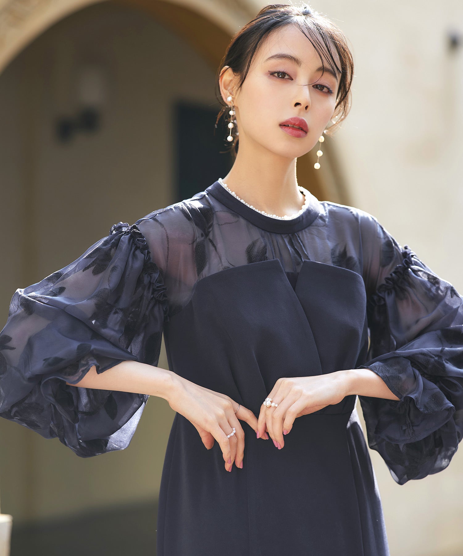 ルイルエブティック RUIRUE BOUTIQUE ボリュームスリーブ＆ビスチェタイトワンピースドレス （ネイビー） ネイビー